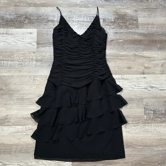 Vintage Talbots Petites Silk Black Ruched Tiered Ruffle Dress Size 8 - Picture 1 of 7
